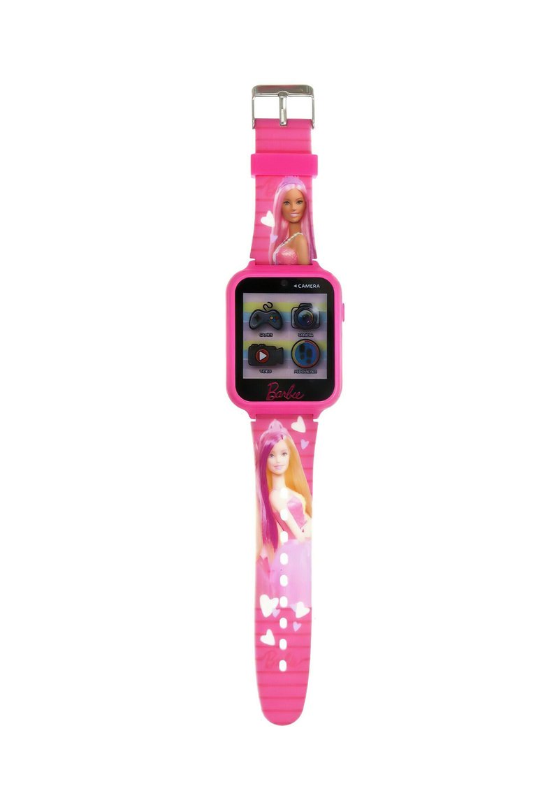Smartwatch rosa con quadrante quadrato, dotato di un display digitale. Il cinturino presenta un'illustrazione di Barbie e motivi a cuore. Realizzato in silicone.
