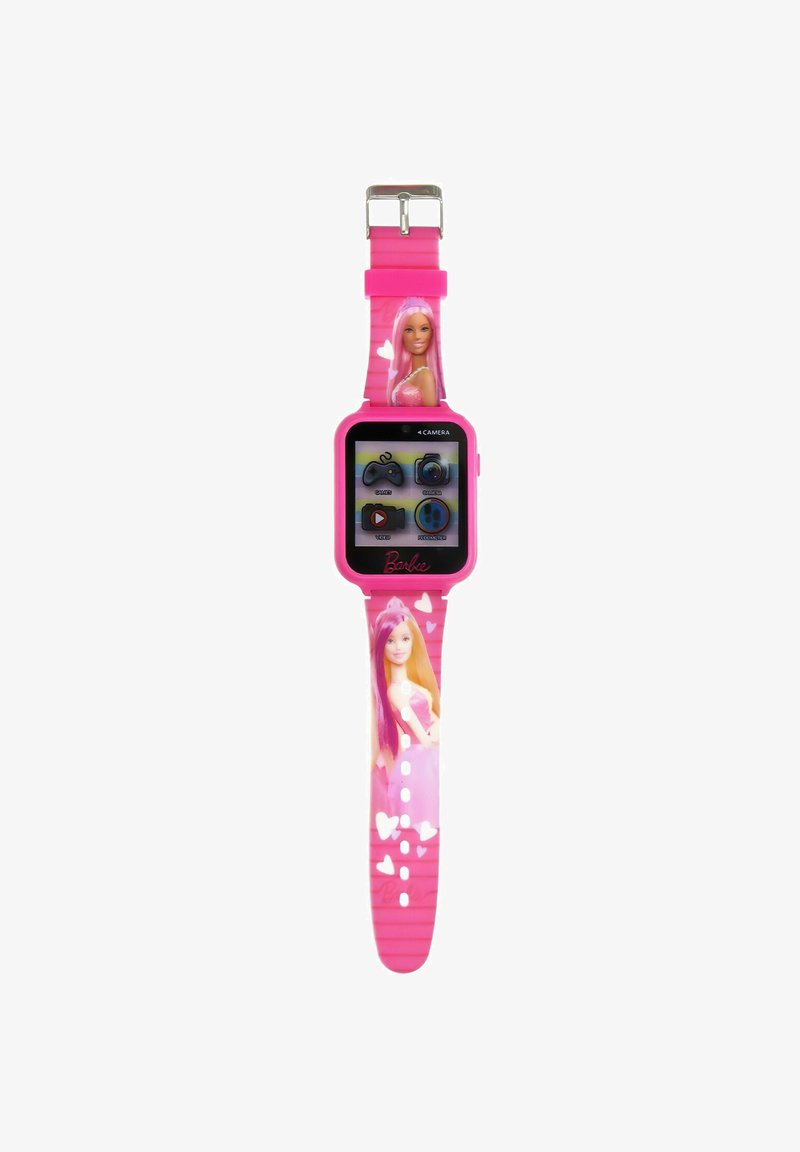 Smartwatch rosa con quadrante quadrato, dotato di un display digitale. Il cinturino presenta un'illustrazione di Barbie e motivi a cuore. Realizzato in silicone.