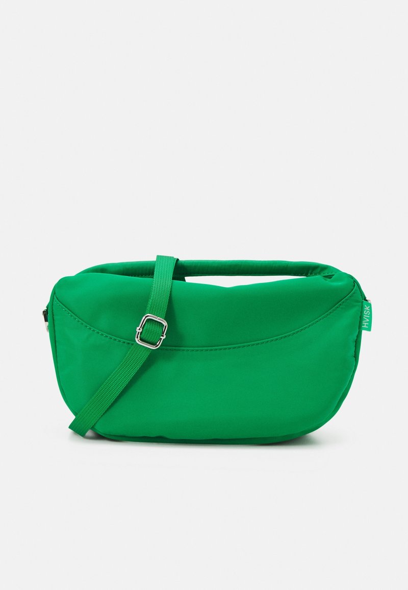 Borsa a tracolla rettangolare verde brillante con cintura regolabile e manico superiore, caratterizzata da cuciture sottili e un piccolo etichetta del marchio laterale.