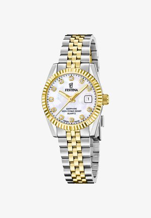 Tofarvet sølv- og guld Festina armbåndsur med hvid urskive, diamant-timeangivelser, datovindue kl. 3 og guldbeslag og visere.