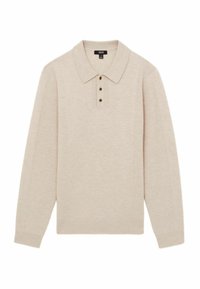 Polo beige à manches longues en matériau tricoté doux. Il présente un col, une patte de boutonnage à quatre boutons et des poignets côtelés pour plus de texture et un ajustement parfait.