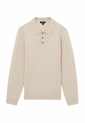 Beige long-sleeve polo made of soft knit material. Features a collar, four button placket, and ribbed cuffs for texture and fit.