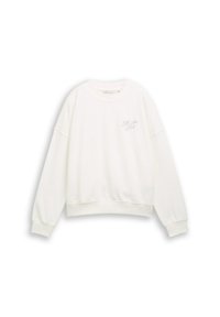 Witte cropped sweatshirt van zacht materiaal, met verlaagde schouders, geribbelde manchetten en een subtiel geborduurd logo op de borst.