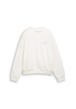 Weißes, kurz geschnittenes Sweatshirt aus weichem Stoff, mit überschnittenen Schultern, gerippten Bündchen und einem dezenten, auf der Brust gestickten Logo.