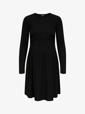 Melnas ribotas grūtnieču kleita ar garām piedurknēm, apaļu izgriezumu un impērijas vidukli, kas paplašinās uz A formas svārku.