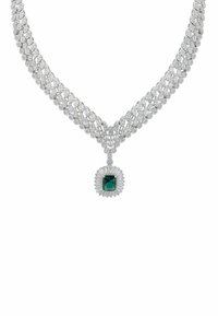 Diamond necklace with a woven design in silver, featuring a central emerald-cut green stone, surrounded by a halo of smaller diamonds.