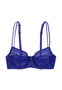 Soutien-gorge en dentelle violet avec armatures, motif décoratif, bretelles réglables et un petit nœud au centre. Les bords en dentelle détaillée améliorent le design.