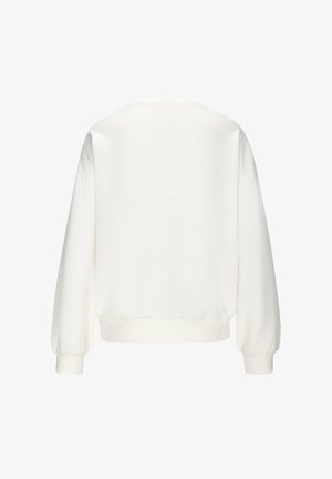 Schlichtes weißes Sweatshirt mit langen Ärmeln, gerippten Bündchen und Saum, Rückansicht vor weißem Hintergrund gezeigt.