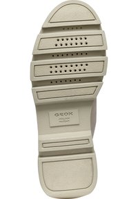Semelle de chaussure en caoutchouc beige clair avec un design strié, des trous de ventilation et une étiquette estampillée "GEOX ITALIAN PATENT" pour la respirabilité.