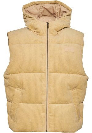 Geel corduroy puffer vest met een capuchon, voorzien van een rits aan de voorkant, zijzakken en een gestikt, textuurpatroon.