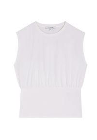 Witte mouwloze top met een ronde halslijn, geplooide stof bij de taille en een aansluitend onderste gedeelte. Gemaakt van zachte, ademende materialen.