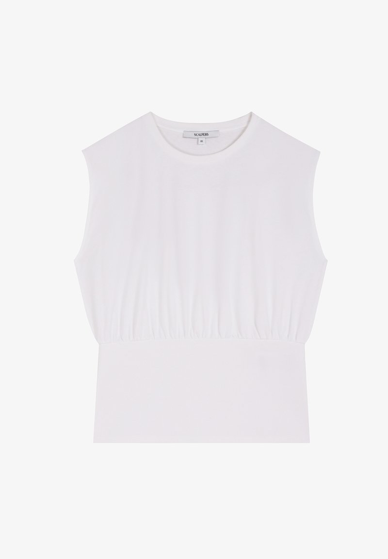 Witte mouwloze top met een ronde halslijn, geplooide stof bij de taille en een aansluitend onderste gedeelte. Gemaakt van zachte, ademende materialen.