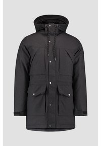 Czarna ocieplana parka o teksturowanym wykończeniu, z kapturem, dwoma przednimi kieszeniami i zatrzaskami. Solidny materiał z regulowanymi sznurkami.