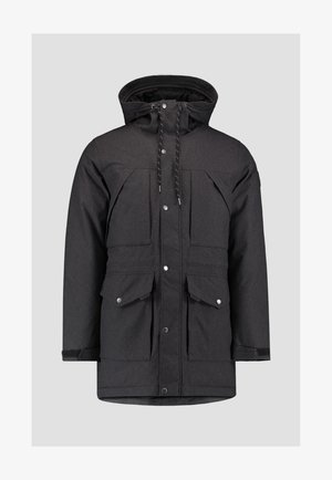 Zwarte geïsoleerde parka met een getextureerde afwerking, voorzien van een capuchon, twee voorzakken en drukknoopsluitingen. Stevige stof met verstelbare trekkoorden.