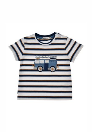 Short-sleeve white toddler shirt with blue and brown horizontal stripes and a blue fire truck applique on the front.