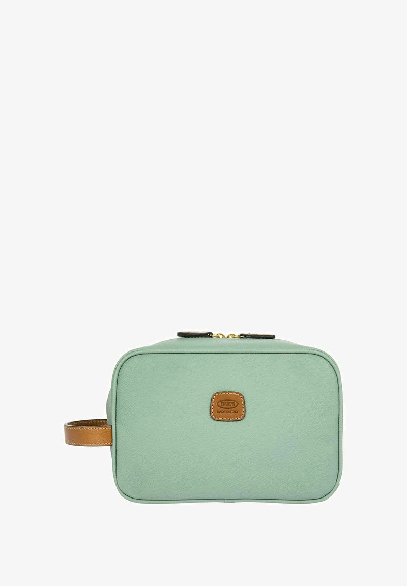 Rechthoekige mintgroene make-up tas met een gestructureerd oppervlak, bruine leren accenten, gouden rits en een klein logo-label.