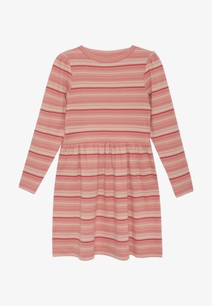Langärmliges Kleid mit gerippter Textur, rosa-weißer Streifenmuster, runder Halslinie und gerafftem Rock.