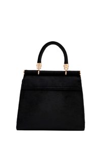 Black suede handbag with a structured design, featuring a top handle and golden hardware accents. Smooth texture with a flat front pocket.