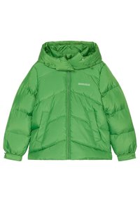 Puffer jacket in bright green nylon with a hood, featuring a front zipper, side pockets, and a quilted design. Lightweight and insulated.
