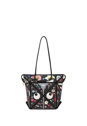 Geantă tote geometrică neagră cu mânere lungi, decorată cu ochi colorați de desene animate, simboluri și modele jucăușe pe toate panourile.