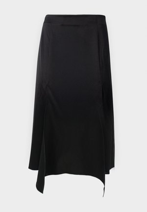 Melnas satīna midi svārki ar taisnu piegriezumu, ar sānu šķēlumu, gludu tekstūru un nedaudz izliekta piedurkne. Šuves ir minimālas un elegantas.