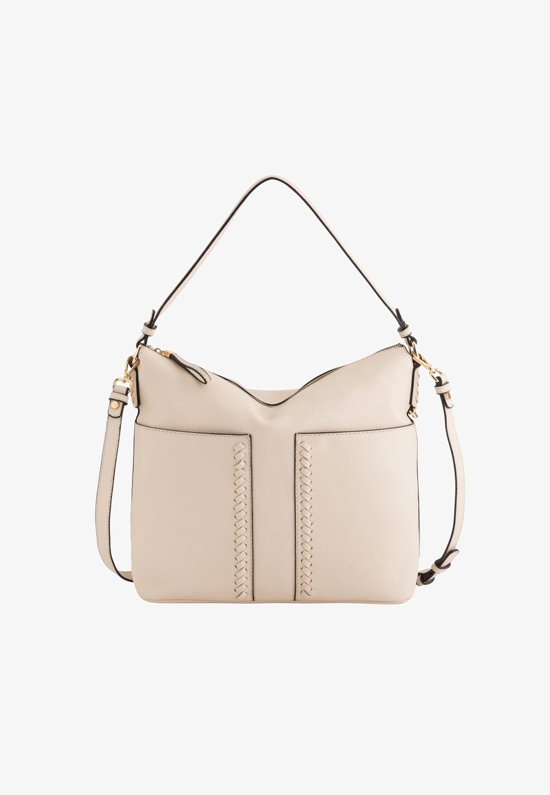 Beżowa skórzana torebka o teksturowanym wykończeniu, z plecionymi akcentami i gładkim zapięciem na zamek. Zawiera odpinany pasek na ramię.