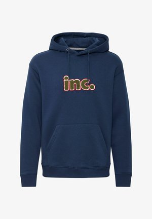 Σκούρο μπλε φούτερ με κουκούλα, διαθέτοντας μπροστινή τσέπη και κεντημένο λογότυπο "inc." σε χρυσό και κόκκινο. Μαλακό ύφασμα με ριμπ μανσέτες.