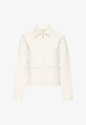 Valge lühike jakk vertikaalsete tumeliste triipudega, esikinnituse ja terava kraega. Varustatud kahe küljetasku ja pikkade varrukatega.