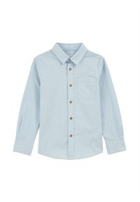 Světle modrá košile s dlouhým rukávem vyrobená z hladké látky, s špičatým límcem, pěti hnědými knoflíky na přední straně a náprsní kapsou.