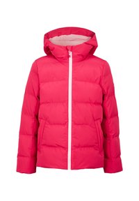 Rosa Pufferjacke mit Kapuze, ausgestattet mit einem Frontreißverschluss, zwei Seitentaschen und einem gesteppten Design für Isolierung. Gefüttertes Innenfutter in heller Farbe.