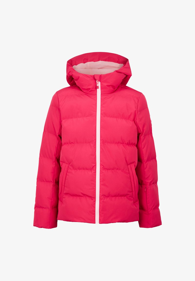 Rosa Pufferjacke mit Kapuze, ausgestattet mit einem Frontreißverschluss, zwei Seitentaschen und einem gesteppten Design für Isolierung. Gefüttertes Innenfutter in heller Farbe.