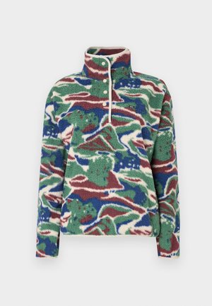 Fleece pullover in a green, blue, and burgundy abstract pattern. Features a high collar, button placket, and textured fabric.