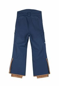 Marineblaue, wasserfeste Schneehosen mit einem lockeren Schnitt, ausgestattet mit seitlichen Taschen und braunen elastischen Bündchen an den Knöcheln.