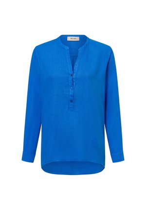 Blue linen shirt with a stand-up collar, long sleeves, and a buttoned front placket. Features a slightly curved hem and smooth texture.