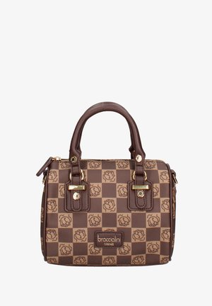Borsa sintetica marrone con motivo a scacchi e motivi di rose, doppie maniglie, hardware dorato e una placca con il marchio sul davanti.
