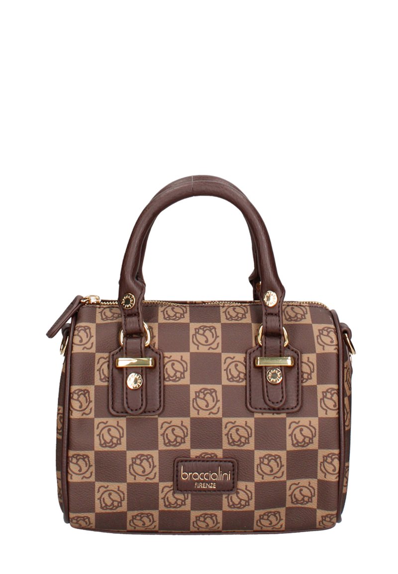 Borsa sintetica marrone con motivo a scacchi e motivi di rose, doppie maniglie, hardware dorato e una placca con il marchio sul davanti.