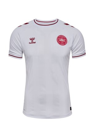 Witte kort-sleeve trui gemaakt van lichtgewicht stof, met kastanjebruine accenten, een ronde hals en een rond logo op de borst.