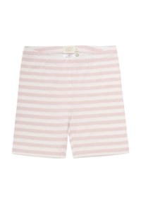 Roze en witte gestreepte shorts van zachte stof met een elastische tailleband en een label aan de binnenkant. Heeft een knielange snit en schone stiksels.