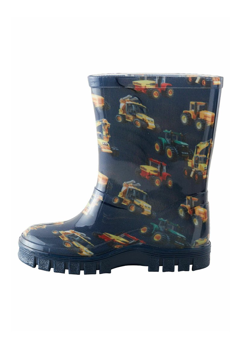 Botte de pluie en caoutchouc bleu présentant un motif de véhicules de construction colorés. Semelle texturée pour une meilleure adhérence, hauteur intermédiaire avec un bout arrondi.