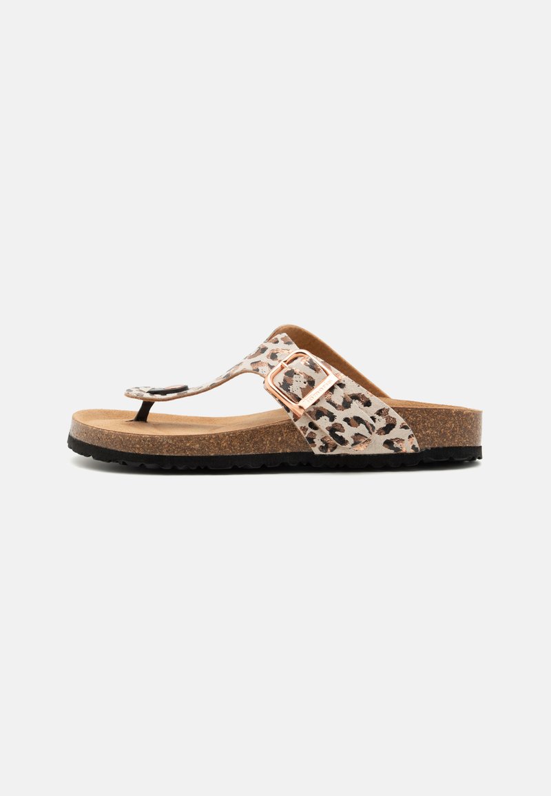 Cork footbed sandal with leopard print strap, rose gold buckle, and black rubber outsole. Flip-flop design with textured finish.