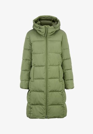 Lång olivgrön vadderad vinterjacka med framzipper, sidofickor och justerbar huva, designad för värme i kallt väder.