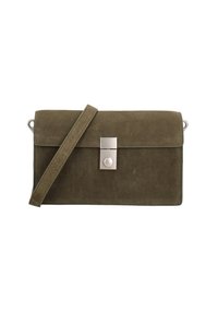 Borsa a tracolla verde in suede con forma rettangolare, chiusura in metallo argentato e tracolla regolabile. Texture liscia e design minimale.