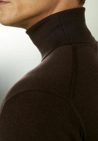 Brauner Pullover mit hohem Kragen, gerippter Textur, taillierter Passform und subtilen Nahtdetails, die einen glatten, gestrickten Stoff präsentieren.