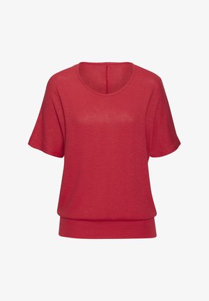 Rotes Kurzarmoberteil aus leichtem Material. Verfügt über einen runden Halsausschnitt und einen lässigen Schnitt mit einem leicht gerafften Saum.
