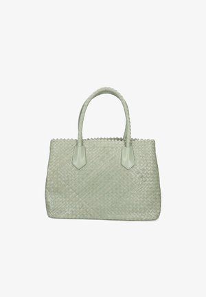 Tkana torba w kolorze miętowym z dwoma mocnymi uchwytami i gładkimi skórzanymi akcentami, charakteryzująca się strukturalnym prostokątnym kształtem i teksturowaną powierzchnią.