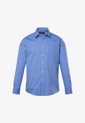 Blauw, lange mouwen overhemd gemaakt van geweven stof, met een knoopsluiting aan de voorkant, een zak op de linkerkant van de borst en een gestructureerde kraag.