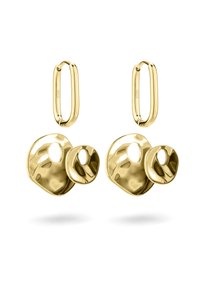 Ohrringe in Goldoptik mit einem verlängerten ovalen Oberteil und abstrakten, organisch geformten, herabhängenden Elementen in unterschiedlichen Größen und mit Ausschnitten.