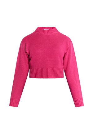 Pulover tricotat scurt de culoare fucsia, cu guler înalt cu striații și mâneci lungi. Prezintă un talie cu striații și o textură netedă.