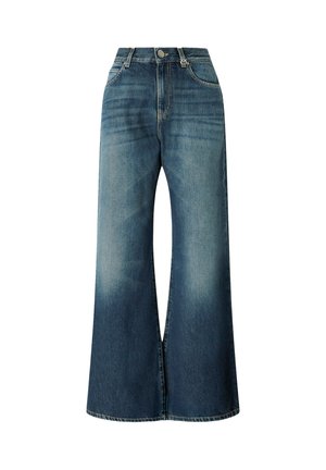 Jeans blu a gamba larga realizzati in denim, con vita alta, leggera scoloritura e orlo pulito. Nessun abbellimento visibile o usura.