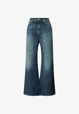 Jeans blu a gamba larga realizzati in denim, con vita alta, leggera scoloritura e orlo pulito. Nessun abbellimento visibile o usura.